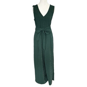 Calvin Klein Womens Belted Wide Leg Jumpsuit Size 12 Emerald Metallic Party